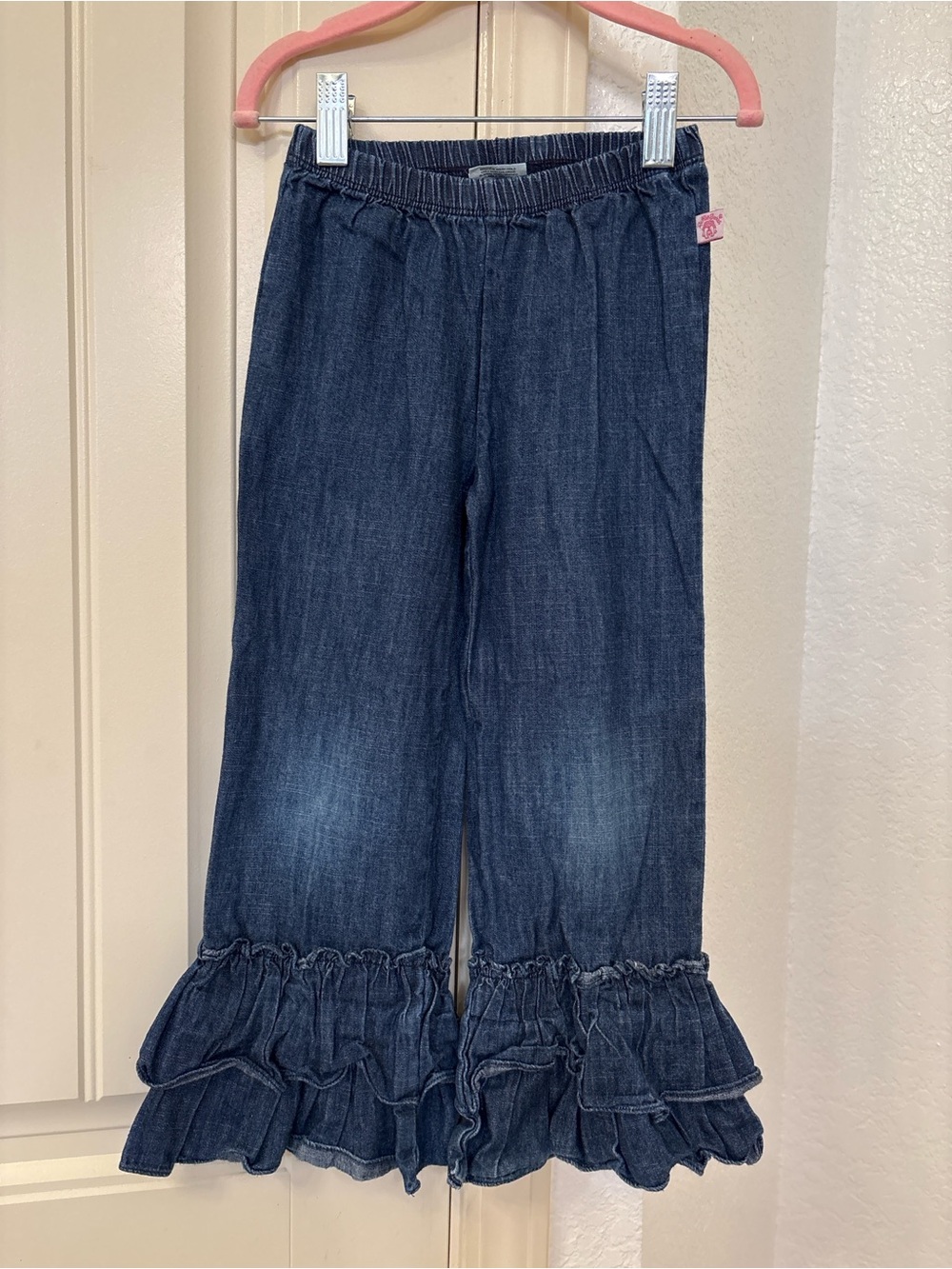 RuffleButts Girls Denim Ruffle Bell Bottom Jeans Size 5 Chambray Flare Pants